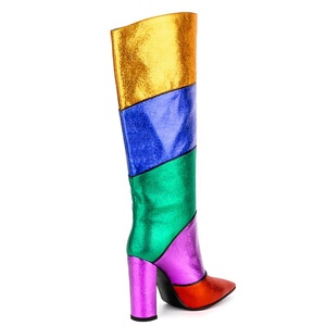 Colors Patchwork Women Knee High Boots Big Size 44 High Chunky Heels Long Booties Custom Logo Ladies <b>Shoes</b> - Product Image 2