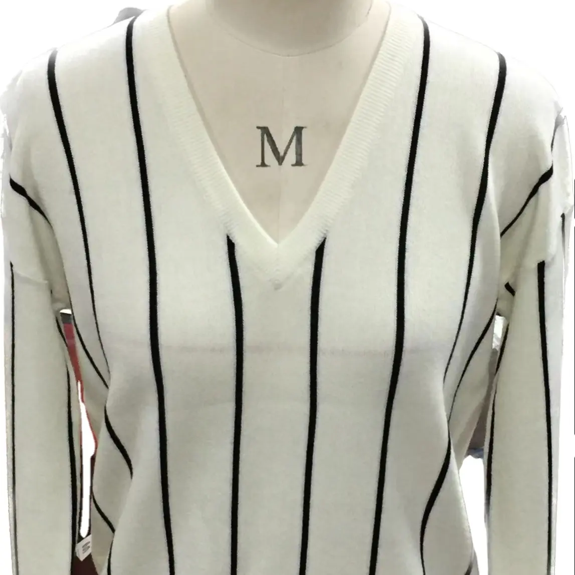 2023 OEM ODM Factory Women Ladies Vertical Stripe Computer Knit V Neck Pullover Custom Casual Hot Fashion Best Selling Sweater