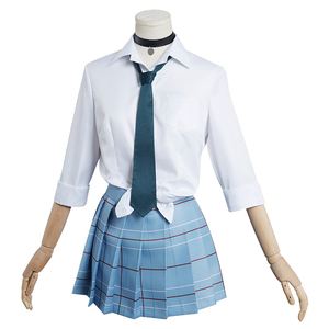 Costume de <span class=keywords><strong>cosplay</strong></span> anime pour femmes, uniforme scolaire bleu et blanc à carreaux, chemise, cravate, jupe plissée, perruque dégradée, ensemble de chaussettes noires - Product Image 4
