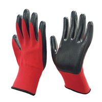 Prix de gros, 13 jauges, industrie de la construction, protection des mains, gants de travail de sécurité en polyester rouge et noir