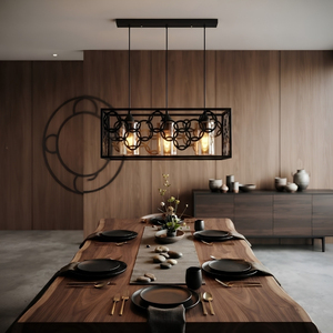 Suspension linéaire moderne à 3 lumières en fer forgé, motif cercle ajouré, pour table à manger et comptoir de bar - Product Image 1