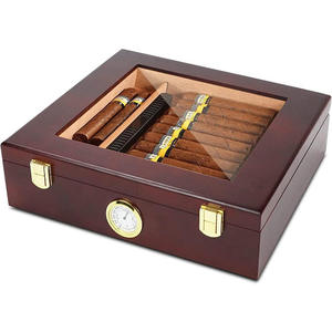 Caja de Cigarros Rectangular Moderna de Madera con Tapa, Ecológica, Portátil, con Humidificador de Temperatura Constante, Higrómetro y Cristal Transparente - Product Image 1