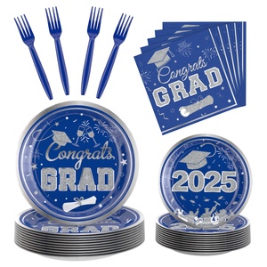 Vaisselle de fête de fin d'année 2026, assiettes en <span class=keywords><strong>papier</strong></span> bleues et argentées, gobelets, serviettes, ballons, décorations de fête - Product Image 1
