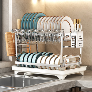 Little Shark Double Layer Dish Rack Stainless Steel Sink Drainer For <b>Plates</b> Bowls Chopsticks Kitchen Storage - Product Image 1