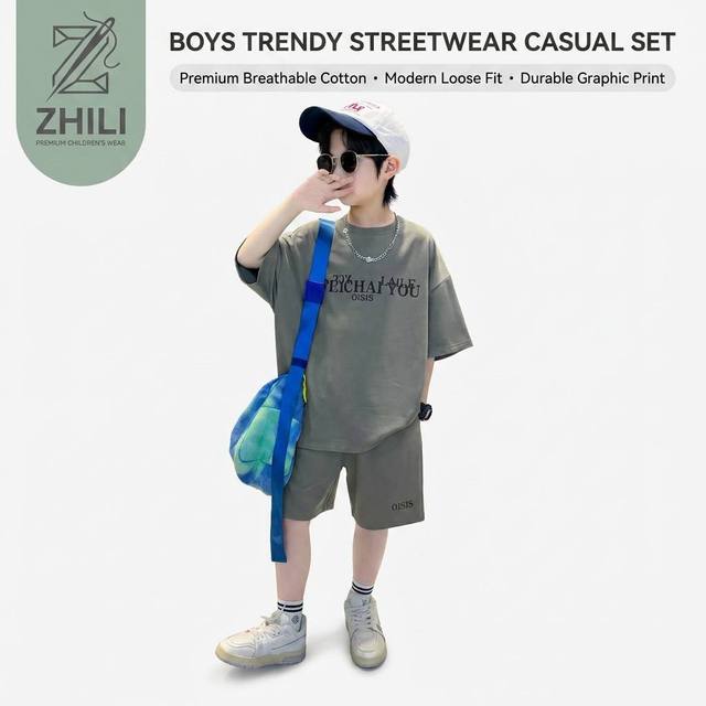 Zhili Boys Summer Outfit Set 2026 New Children Wear Cotton Two-Piece Set Older Kids Korean Style Solid-color Cartoon Pattern