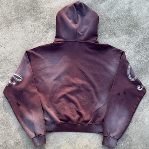 เสื้อฮู้ดดี้โอเวอร์ไซส์ผ้าฝ้ายแท้ 100% แบบครอป สไตล์สตรีทแวร์ ลายกราฟิก ล้างสีแบบแอซิดวอช แต่งคริสตัล สำหรับฤดูหนาว - Product Image 2