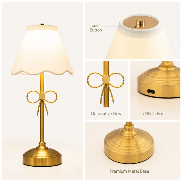 Elegant Gold Brass Cordless Rechargeable LED USB-C Charging Decorative Bow Warm Light Bedroom Nightstand Decor Table Lamp