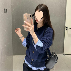 Miu <span class=keywords><strong>Cardigan</strong></span> con fiocco con motivo a maglia tinta unita <span class=keywords><strong>blu</strong></span> <span class=keywords><strong>scuro</strong></span> da donna con decorazione a bottone - Product Image 5