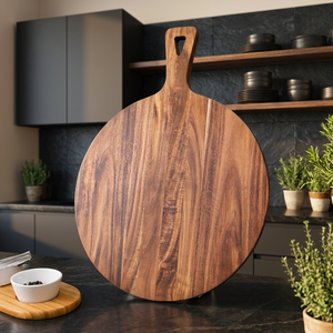 Planche à découper ronde en bois d'acacia avec poignée, design à grain de bois naturel, durable, passe au lave-vaisselle, pour une utilisation en cuisine - Product Image 6
