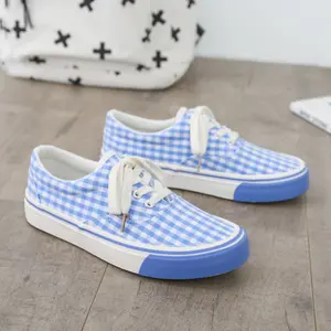 2024 ODM Daily Plaid Women Shoes Wholesale Rubber Breathable Cotton Sneakers Flat Laced Canvas Shoes