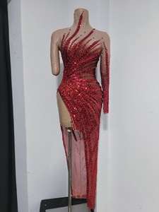 Abito da Sera Lungo Monospalla Rosso con Strass e Paillettes, Vestito da Donna con Spacco Alto per Feste in Club, Abito da Cerimonia per Festival - Product Image 2