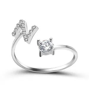 Silver Adjustable Rhinestone A - Z Letters Initial Stackable Ring Alphabet Rings For Women