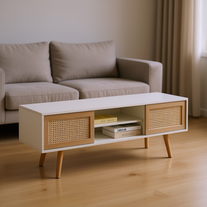 Meuble TV avec finition en rotin, étagère réglable, portes coulissantes doubles, pieds en bois massif, console de salon, meuble de bar à domicile - Product Image 2