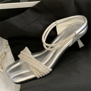XSD Summer Collection Comfortable Women's <b>Silver</b> Sandals with <b>Low</b> <b>Heels</b> Black Crystal Lace-Up Design for Outdoor Use - Product Image 6