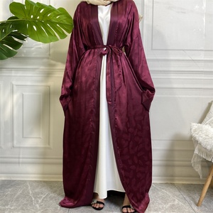 1948# Smooth Printing Feather Satin Loose Large Cuff Long Sleeve Dubai Fashion Islamic <b>Kaftan</b> Open Abaya - Product Image 1