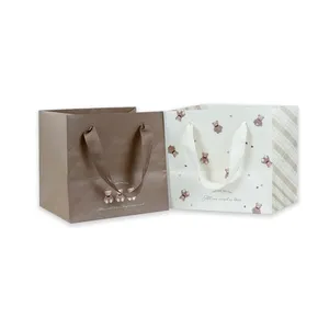 Custom Promotional Ribbon Gift Clothing Packaging Paper Shopping Bear Bags With Your Own Logo Handle For Shop