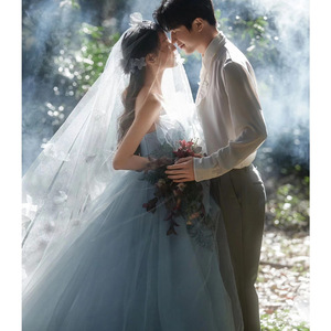 Blue Gray Strapless Ball Gown Wedding Dress Empire Waistline Princess Style Slim Fit High End Bridal Gown - Product Image 2