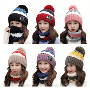 Conjunto de gorro y bufanda de punto con bloques de color, 2 piezas, 100% acrílico, tejido a mano para adultos, talla mediana 56-58 cm - Product Image 1