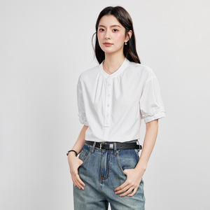Women's Blue Stand Collar Shirt Short Sleeve Cotton Office Wear Professional Blouse Summer <b>Work</b> Top Solid Color Simple Design - Product Image 5