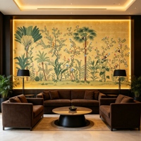 Papier peint tropical palmiers et oiseaux, Murale chinoiserie jaune, Mur d'ambiance de luxe pour Villa, Hôtel, Club, Salle à manger et Chambre