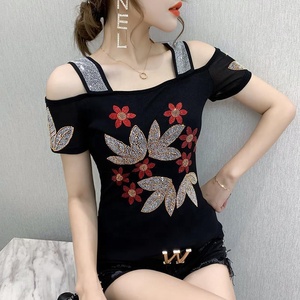 Magliette Casual da <span class=keywords><strong>donna</strong></span> estive in maglia Slim Sexy <span class=keywords><strong>con</strong></span> strass floreale e <span class=keywords><strong>paillettes</strong></span> lucide top da discoteca - Product Image 3