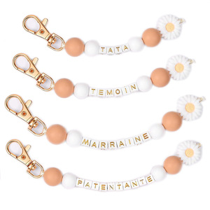 Porte-clés en silicone avec perles (Marraine/Patenteante/Témoin/Tata), joli porte-clés marguerite pour femme, cadeau de baptême - Product Image 6