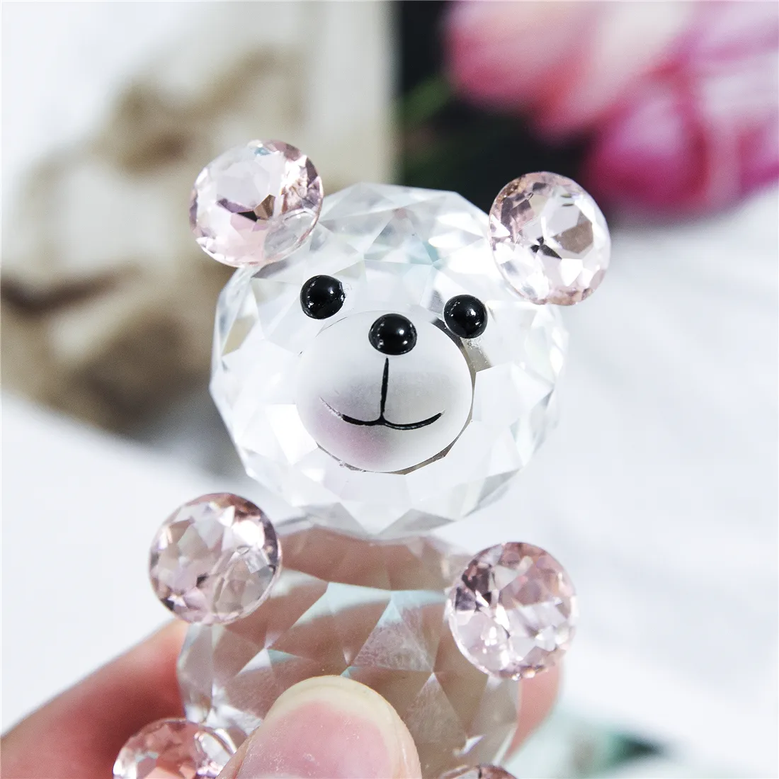 Patung kecil kaca hewan pemberat kertas ornamen dekorasi pernikahan beruang kecil Kristal 3D koleksi hadiah Natal rumah H & D Pink Zhe