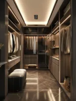 Armoire sur mesure avec portes vitrées, dressing intégré, éclairage LED, finition grain de bois pour projet de villa