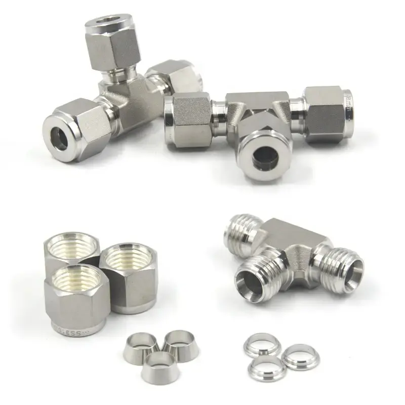 SS316L/304 Stainless Steel Double Ferrules Union Tee Tube Fittings