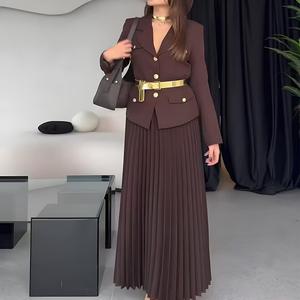 Setelan Wanita 2 Potong: Atasan Jas Berkerah dengan Pinggang Berlipit dan Rok Panjang Berlipit Warna Solid Sehe Fashion - Product Image 6