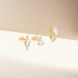 Ensemble de 3 pièces en porcelaine et argent sterling 925, boucles d'oreilles tendance avec zircon et pompon - Product Image 2