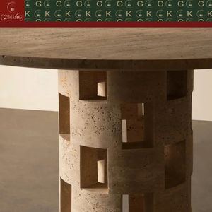 <span class=keywords><strong>Table</strong></span> à manger en travertin GOLDKING, pierre beige pour cuisine et salle à manger, design naturel poli sur mesure avec base géométrique - Product Image 5