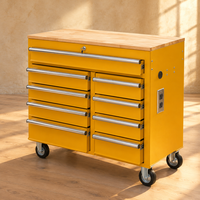 Armoire à outils roulante robuste avec plan de travail en bois et prise électrique, chariot de rangement en acier jaune pour garage et atelier