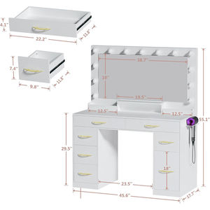 Tocador de Maquillaje Blanco con Iluminación Ajustable, Espejo Grande, 6 Cajones, 1 Armario y Enchufe para Dormitorio - Product Image 6