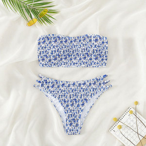 Costume da bagno da donna blu con stampa floreale, sexy, con reggiseno imbottito a fascia e <span class=keywords><strong>perizoma</strong></span> alto, bikini 2 pezzi, costume da bagno estivo senza schienale per la spiaggia - Product Image 1