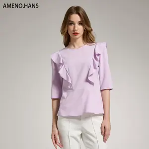 Grosir Kaus Wanita Musim Panas Blus Ramping Elegan Ruffles Atasan Berkelas untuk Wanita