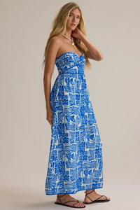 Vestido Maxi sin Tirantes con Estampado Tropical, Azul, de Gasa, Espalda Descubierta, Silueta Recta, Ropa Casual de Verano - Product Image 3