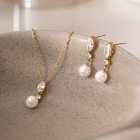 Pendentif de luxe en acier inoxydable blanc avec perle ronde et zircon œil de cheval, ensemble élégant de boucles d'oreilles assorties pour filles