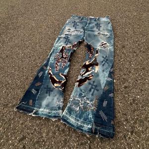 Men's Blue Washed <b>Denim</b> <b>Trousers</b> Distressed Patches Printed Design Straight Style Mid Available Dark Light Colored Wholesale - Product Image 1