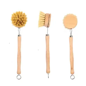 Factory Eco-Friendly and Durable Natural Bamboo and Tampico Wood Handle Kitchen Dish Brush Cleaning Tool for Pots and Pans