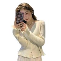 Pull en tricot à col rond uni pour femme, style printemps-automne, avec volants fins, cardigan en tricot