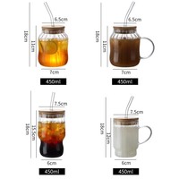 Vaso de Vidrio de Borosilicato Alto Acanalado de 450ml con Tapa de Bambú y Pajita, Taza para Café Helado con Asa o sin Asa