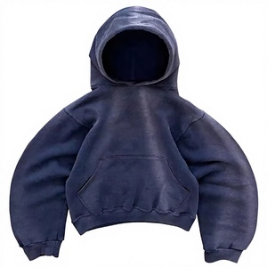 Unisex <b>Dark</b> <b>Blue</b> Cropped Hooded Sweatshirt Oversized Fit Solid Color Fleece Knitted Casual Autumn Wear Regular Sleeve Style - Product Image 1