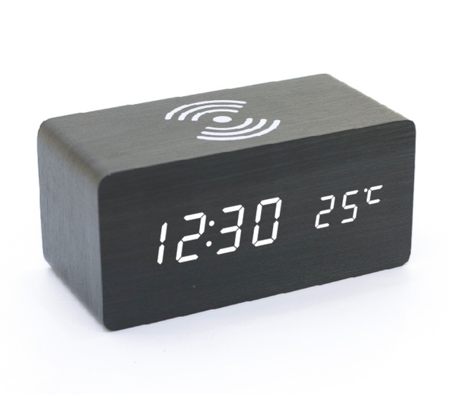 Led Table Wooden Digital Alarm Clock with Wireless Charging Pad for Bedroom Office Home Clock