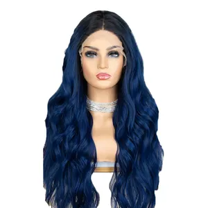 Perruque longue ondulée bleu foncé 13*4 Lace Front perruque de cheveux humains partie centrale résistant à la chaleur synthétique femme perruque quotidienne