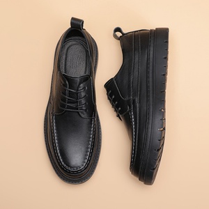 Chaussures décontractées pour hommes en cuir noir à lacets, imperméables, brodées, confortables, à semelle épaisse, tendance et polyvalentes pour l'automne - Product Image 4