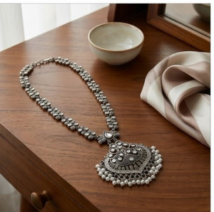 Designer Oxydized Ornate Filigree Pendant Necklace Earring Set Pearl Accents Women Traditional Ethnic <b>Wedding</b> Fashion Statement - Product Image 1