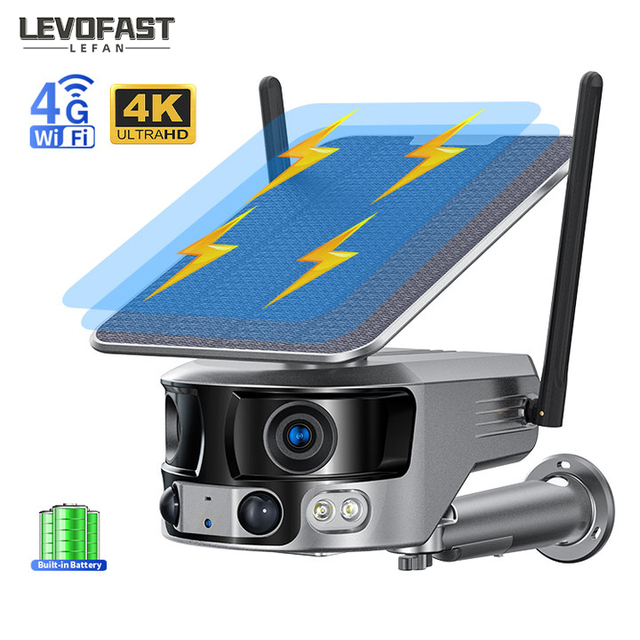 LEVOFAST 4K 8MP Wireless Solar Wifi 4G Camera Sim Card Safe Security Network Camera Dual Lens Outdoor H.265 5V DC Support CMOS