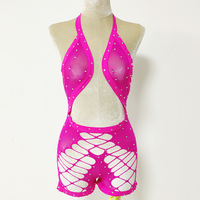 Combinaison une pièce en résille couleur unie pour femme, ornée de strass, style exotique, col licou, bas de corps sexy en soie, tenue de strip-teaseuse