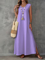Robe longue élégante d'été pour femme, style européen et américain, sans manches, col en V, fente latérale, décontractée